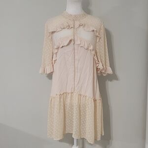 POL Womens Fairycore Mini Dress SMALL Boho Ballet Lace Ruffle Sheer‎ Party Blush